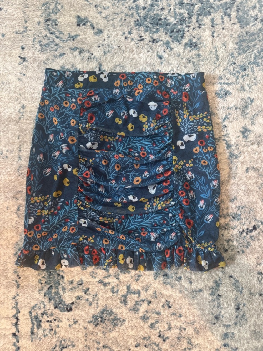 Free People Blue Floral Ruched Ruffle Mini Skirt with Red & Yellow Accents